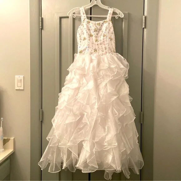 Tiffany Designs White Ruffled Formal Dress